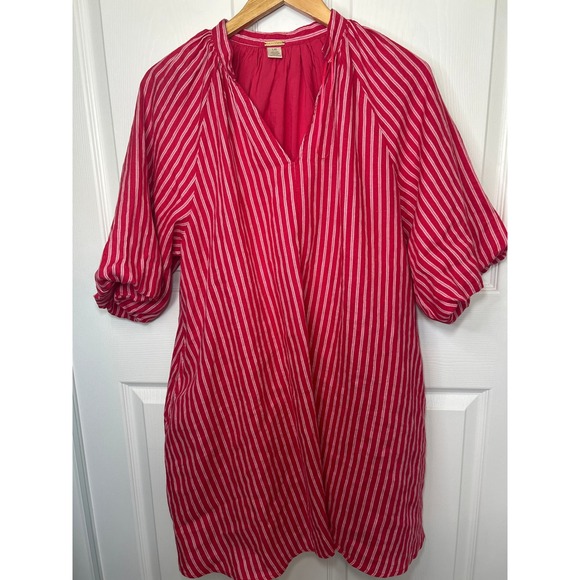Magaschoni Women's Linen Striped V-Neck Casual Dress Size Large Red White - Picture 1 of 6
